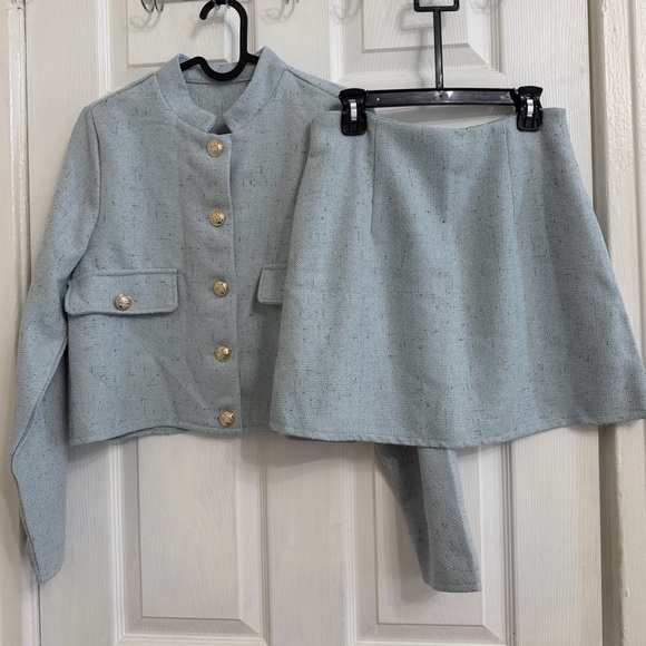 Dresses & Skirts - Women's Light Blue Tweed Skirt Set - Elegant Two-Piece